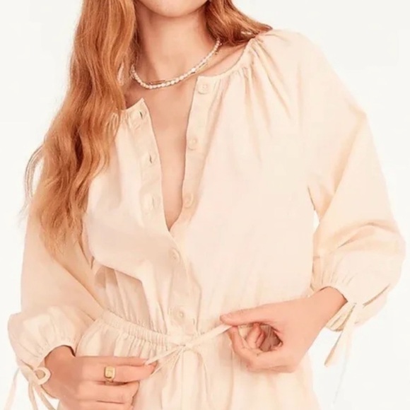 J crew cotton poplin tie sleeve button front romper palest peach - Picture 2 of 4